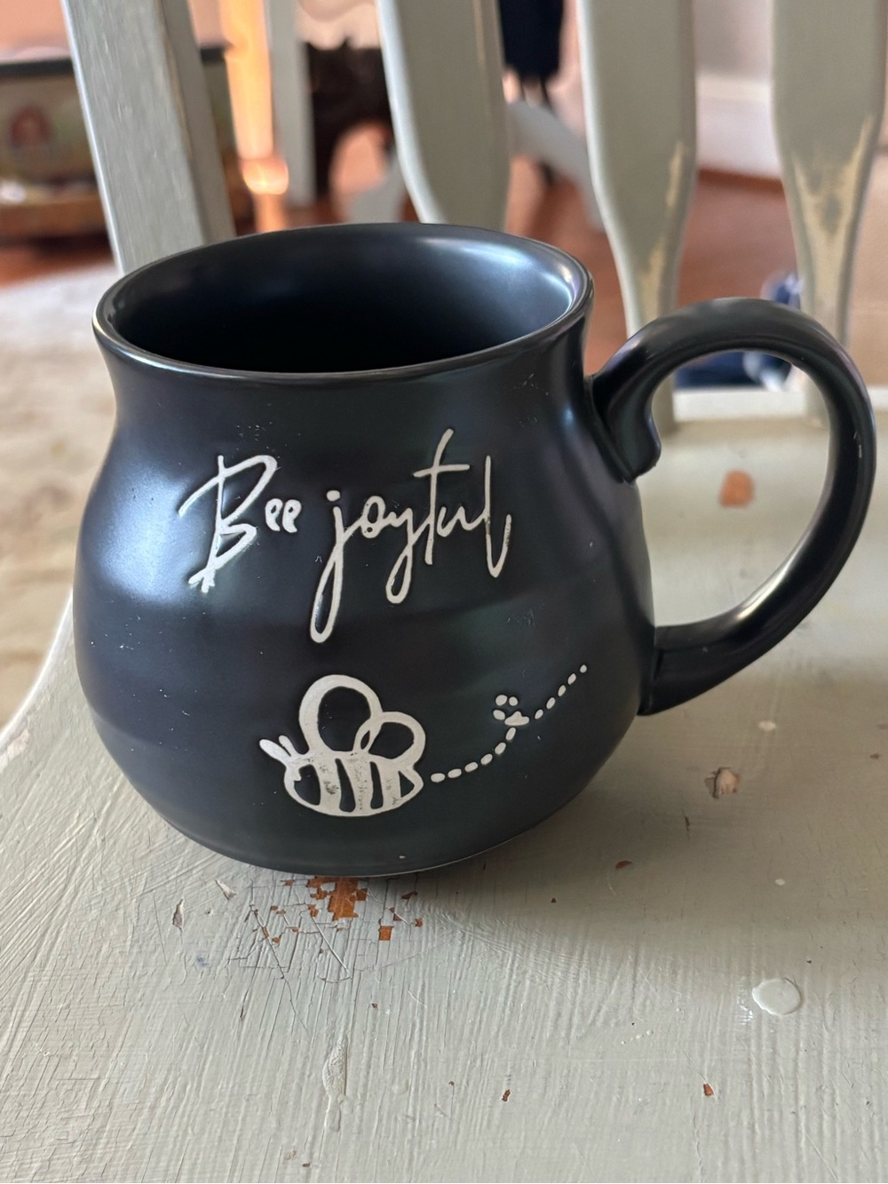 Bee Joyful Black Ceramic Mug with White Bee Design